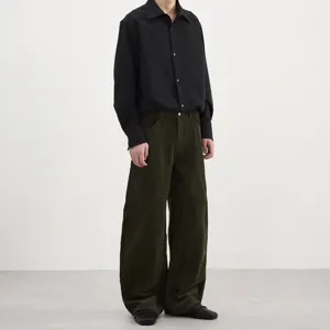 Men's green corduroy curved cargo pants, casual loose wide leg trousers for daily wear.