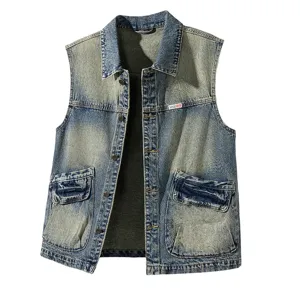 Men's Vintage Denim Vest American Retro Motorcycle Loose Multi-Pocket Casual Sleeveless Denim Jacket Outerwear