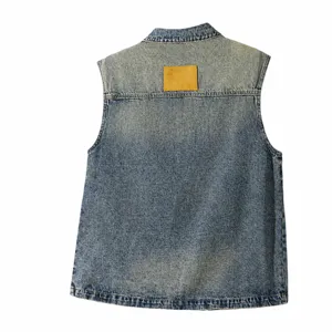 Vintage washed denim vest for men, sleeveless casual streetwear jacket with back leather patch.
