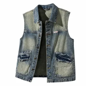 Retro American streetwear washed blue denim vest loose sleeveless casual jacket for men