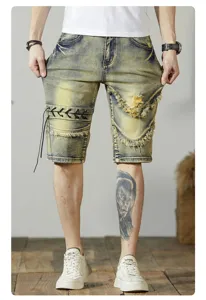 Pantaloncini in denim strappato estivi da uomo, eleganti pantaloni corti con lacci