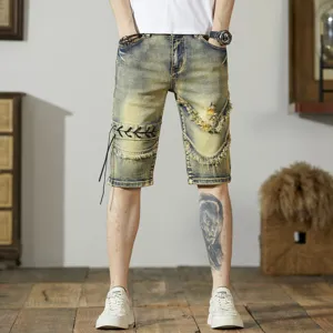 Shorts in Denim Casual Strappati Patchwork da Uomo Estate Vestibilità Slim Bordo Vivo Pantaloncini in Denim Moda Streetwear