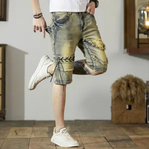 Pantaloncini di jeans strappati uomo, slim fit streetwear patchwork lacci frange bermuda.