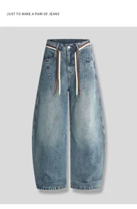 Men vintage washed denim wide leg curved jeans with contrast drawstring casual trousers.