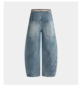 Men's retro washed blue barrel denim jeans with curved leg cut and dual back pockets design.