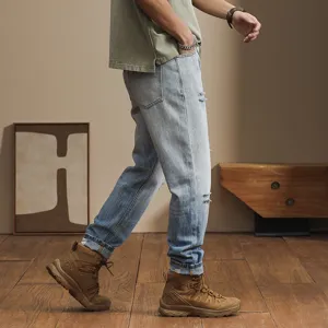 Men's loose light blue gradient distressed denim jeans casual Japanese vintage streetwear style pants