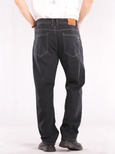 Men's dark blue straight fit stretch denim jeans featuring back pockets and classic leather label.
