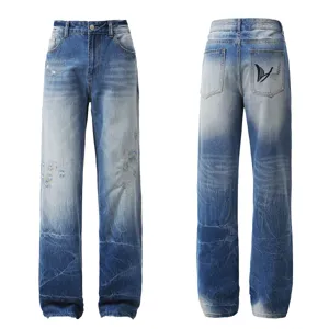 Men vintage washed distressed loose denim jeans American high street casual straight trousers