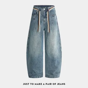 Men's American Vintage Washed Distressed Baggy Straight Leg Denim Jeans Casual Loose Barrel Leg Denim Pants