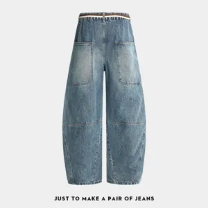 Mens vintage washed blue denim barrel jeans loose fit casual straight trousers streetwear