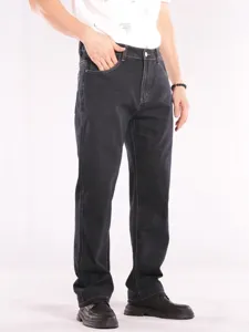 Men's dark denim straight leg jeans detail view, featuring classic contrast stitching and fit.