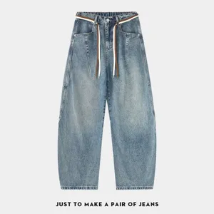 Men's vintage washed loose fit boyfriend denim jeans casual streetwear curved pants