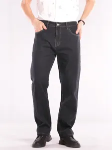 Plus size men's dark denim straight jeans, comfortable stretch fit for everyday wear.