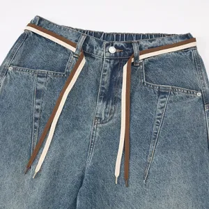 Men's retro washed blue denim straight jeans with contrast drawstring waist trendy design.
