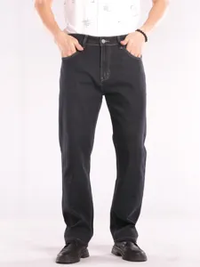 Men's dark denim straight jeans detail showing classic pockets, durable stitching and fabric.
