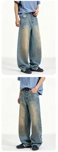 Trendy loose washed denim jeans with unique metal buttons, comfortable fit streetwear style.