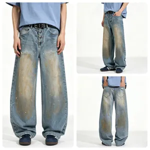 Trendy baggy washed blue denim jeans for men with vintage distressed effect and cool fit.