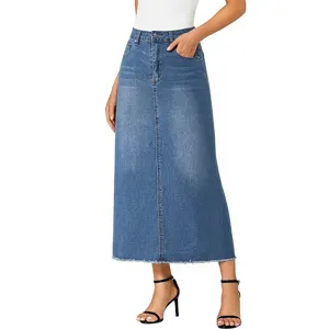Women High Waisted Denim Midi Skirt Raw Edge A Line Casual Commuter Long Skirt Mid Blue Fashion Streetwear
