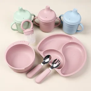 Baby silicone tableware set infant suction plate bowl sippy cup toddler feeding supplies