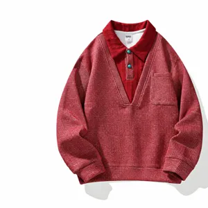 Men's casual fake two-piece polo collar waffle sweater long sleeve stylish top