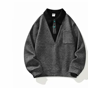 Men's Fake Two Piece Waffle Sweatshirt Casual Polo Collar Long Sleeve Pullover Top