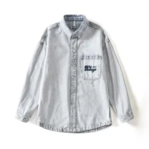 Camicia di Jeans Vintage Uomo Casual Ampia Maniche Lunghe Collo Quadri Giacca Top