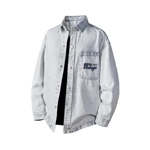 Giacca in Denim Lavato Retro Americano da Uomo Casual Larga Manica Lunga Bottoncino Automatico Con Cappuccio Cappotto Cargo