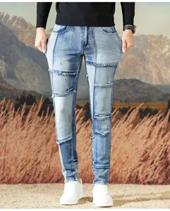 Jeans de hombre estilo americano retro moto patchwork slim elásticos rotos con detalles vista