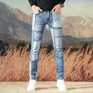 Vaqueros Retro de Moto para Hombre Corte Slim Elasticos Rectos Pantalones Denim Asimétricos de Borde Sin Rematar