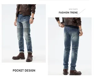 Vaqueros pitillo elegantes de moto para hombre con lavado patchwork y pantalones largos ajustados.