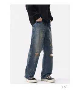 American vintage washed wide-leg blue jeans for men, loose fit distressed denim trousers.