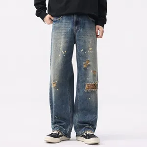 Men Casual Vintage Washed Loose Straight Leg Denim Jeans Distressed Paint Splatter Hip Hop Baggy Trousers Streetwear