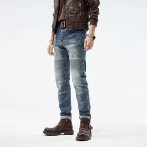 Vaqueros de motorista para hombre corte ajustado patchwork denim pantalon de moda