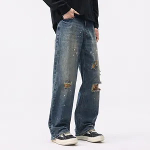 Men vintage washed wide leg blue jeans casual streetwear loose straight denim trousers main
