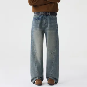 Jean en Denim Lavé Vintage pour Homme Casual Ample Jambe Droite Avec Design de Structure Unique