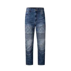 Vaqueros de moto ajustados para hombre en denim azul desgastado con rodillas acolchadas
