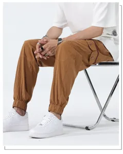 Men's casual loose tencel cargo pants with elastic cuffs, trendy summer daily wear style.