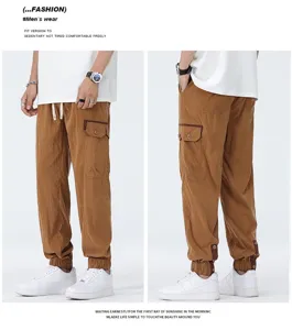 Men casual cargo pants Tencel drape loose jogger trousers summer thin straight brown trousers.