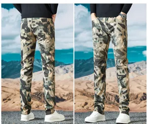 Pantalones vaqueros cargo de camuflaje para hombre biker slim rectos rotos plisados casual