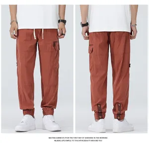 Men's summer casual cargo jogger pants, thin tencel drapey loose straight rust red trousers.