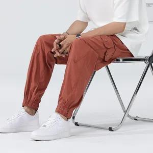 Men casual summer thin jogger pants loose Tencel cargo trousers rust red stylish