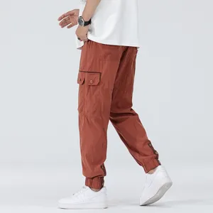 Men's summer casual cargo pants loose thin straight cuffed trousers in stylish rust red