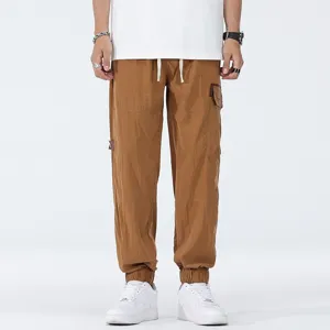 Men's casual cargo joggers lightweight summer loose trousers brown elastic cuffs