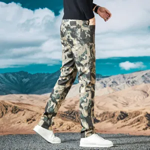 Jeans cargo de camuflaje estilo urbano americano para hombre, slim recto roto informal
