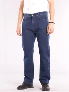Men's loose straight denim jeans detail view showing dark blue fabric texture and fit.