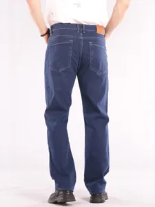 Mens classic dark blue straight leg stretch denim jeans casual loose fit denim trousers back view