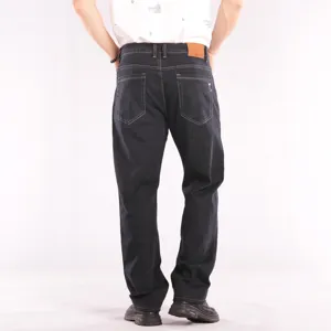 Men's casual stretch straight leg dark denim jeans back view main product showcase.