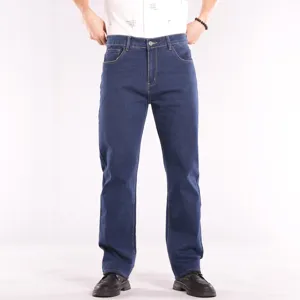 Men's dark blue straight leg stretch denim jeans casual daily wear classic fit trousers.