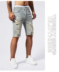 Short en jean bleu clair vieilli pour homme mode streetwear vintage decontracte ete vetement