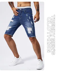 Short en jean rétro délavé déchiré pour homme streetwear estival slim fit bleu